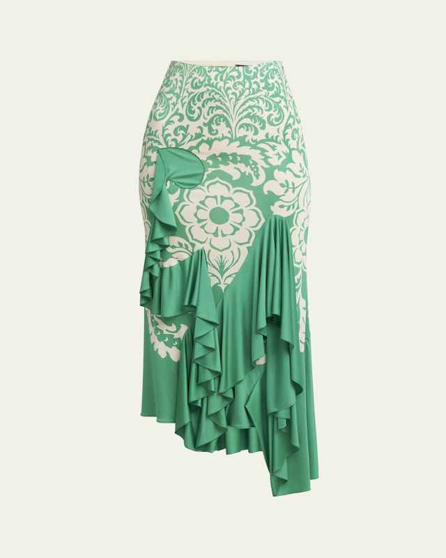 Printed Draped Ruffle Maxi Skirt